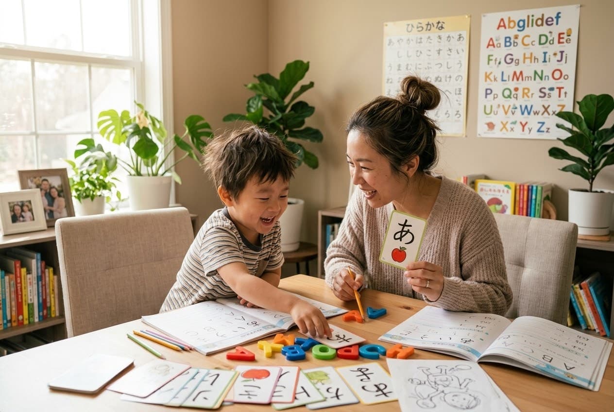 ひらがなカードとアルファベットのブロックで、お母さんと楽しく文字遊びをする男の子