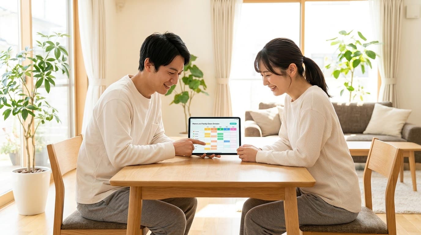 ダイニングテーブルで、タブレットの分担表を見ながら笑顔で話し合う夫婦