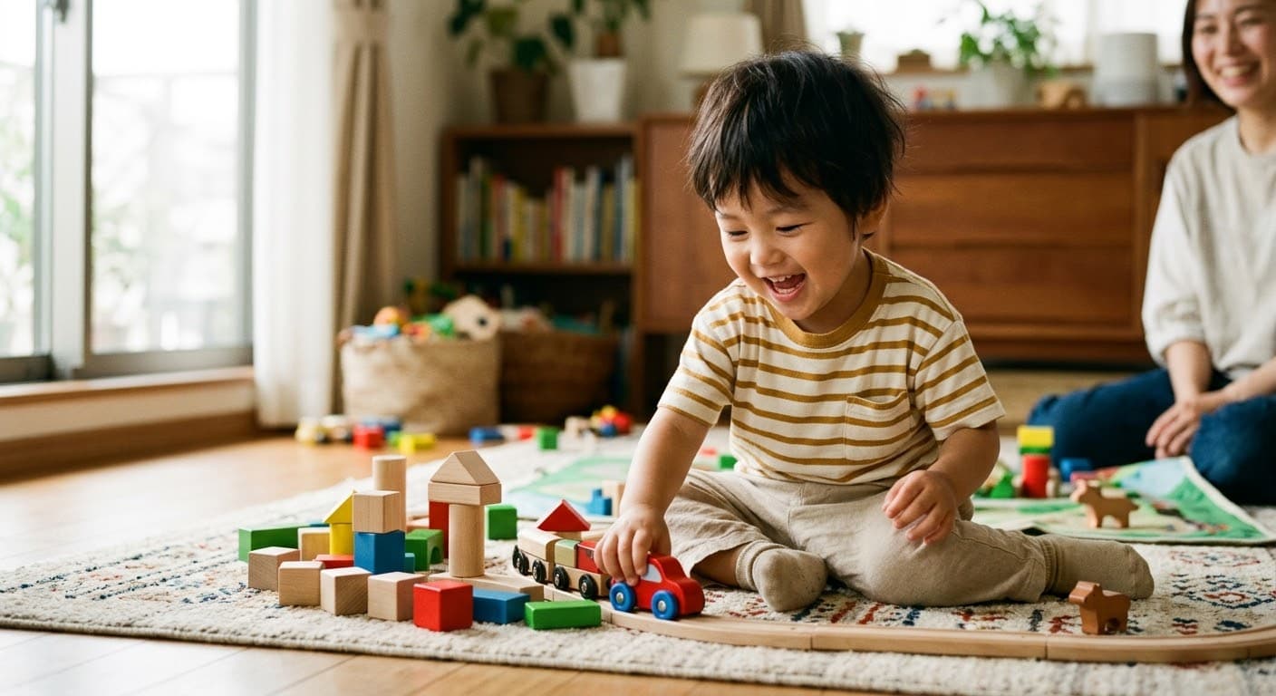 積み木と電車のおもちゃで、笑顔で遊ぶ男の子