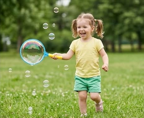 芝生の公園で、大きなシャボン玉を飛ばして笑いながら走る女の子