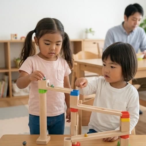 ビー玉のコースを2人で組み立てて、転がり方を試している子どもたち