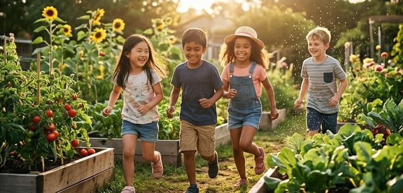 トマトやひまわりが育つ畑で、笑顔で駆け回る子どもたち