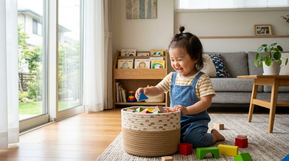 カゴの中の積み木を、笑顔で手に取っておもちゃを片づけている2歳くらいの子ども