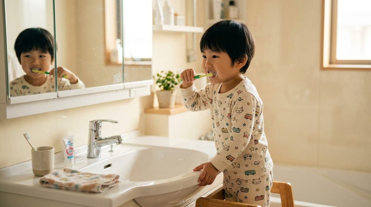 踏み台に乗って、鏡を見ながら自分で歯みがきをしている男の子
