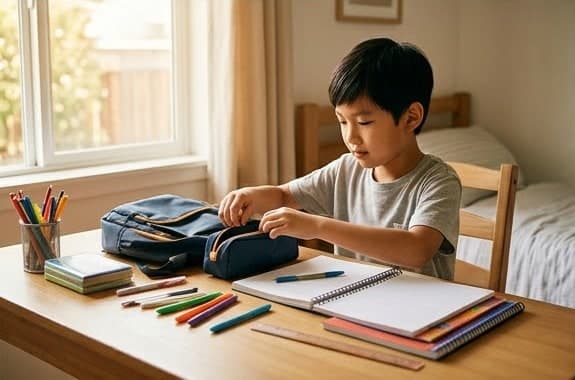 机に向かい、通学バッグと筆箱を自分で準備している男の子