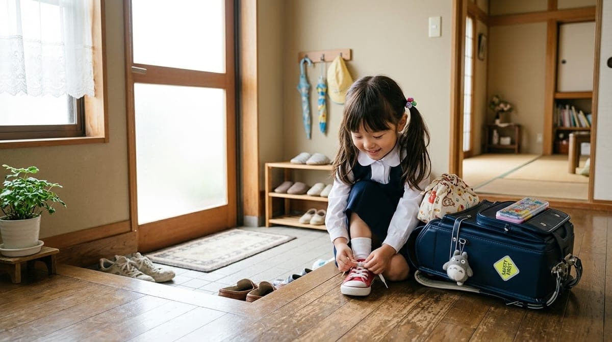 玄関でランドセルの横に座り、笑顔で自分の靴ひもを結んでいる女の子