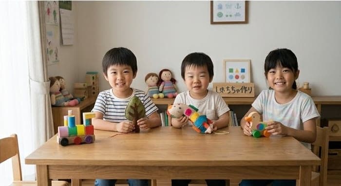 手作りのおもちゃを手に、テーブルに並んで笑顔の3人の子ども