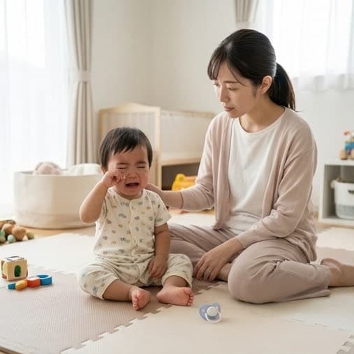 床に座って泣いている2歳くらいの子どもと、そばで落ち着いて見守るお母さん