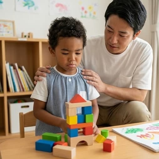 積み木の塔が崩れて悔しそうな顔の子どもの肩に、お父さんがそっと手を置いている