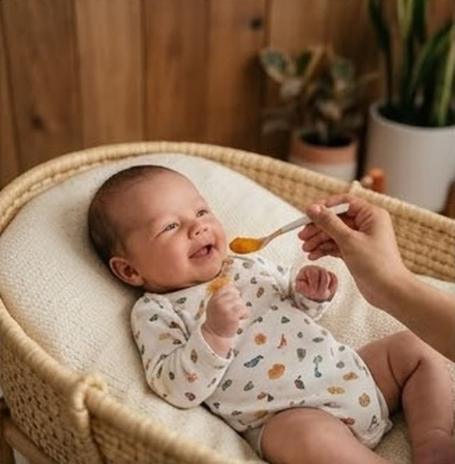 ベビーベッドで大人にスプーンで離乳食を食べさせてもらい、笑顔の赤ちゃん