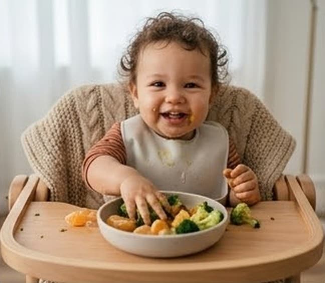 ハイチェアで、野菜やくだものを手づかみで食べて笑顔の1歳の子