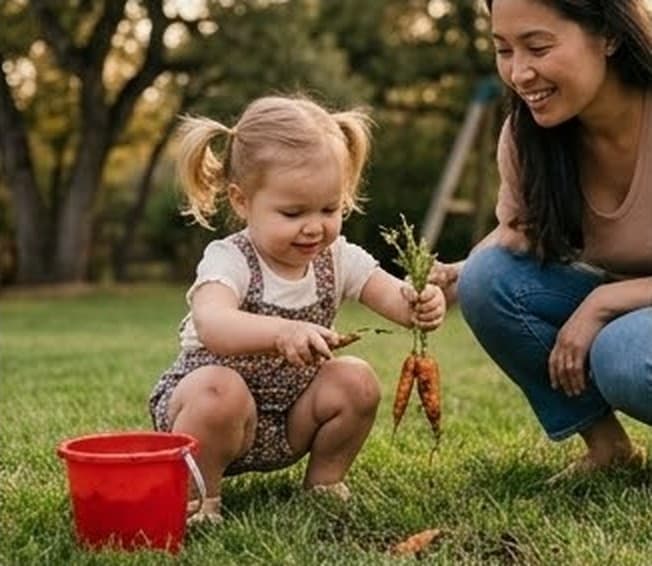 庭で収穫したにんじんを手に持つ2歳の女の子と、それを見守る保護者