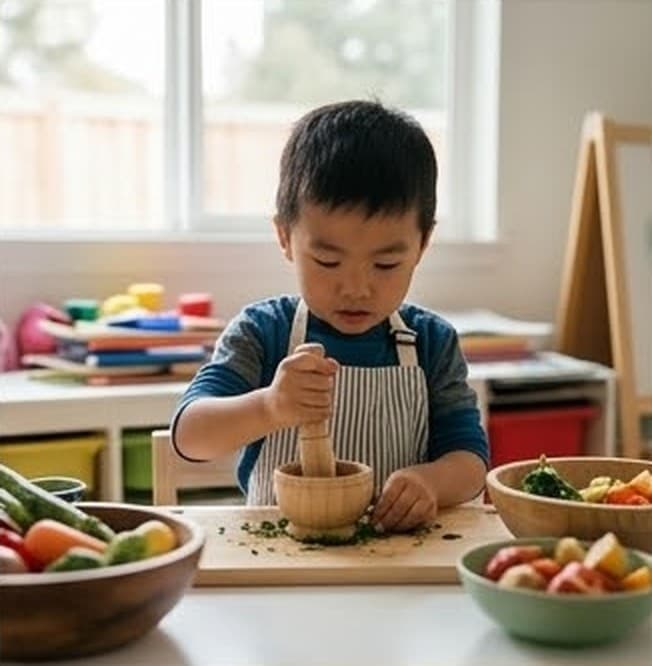 エプロンを着けて、すりこぎで食材をつぶすお手伝いをしている男の子