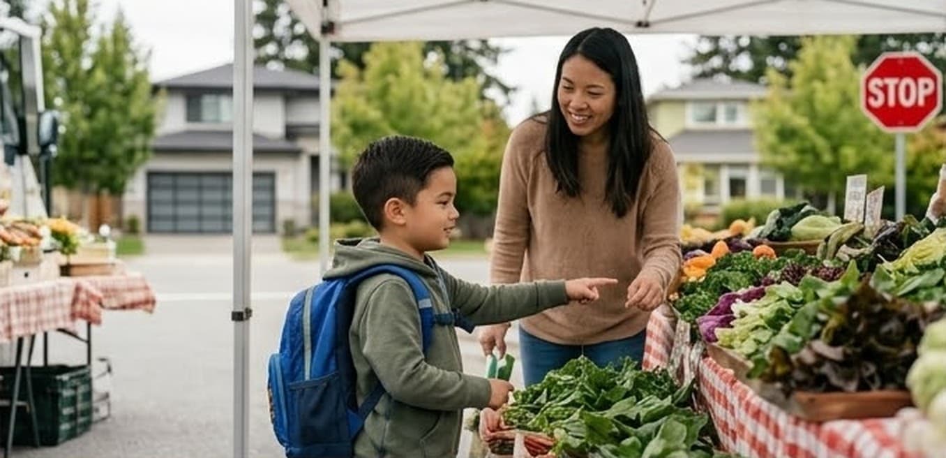 市場で保護者と一緒に、並んだ野菜を指さして選んでいる男の子