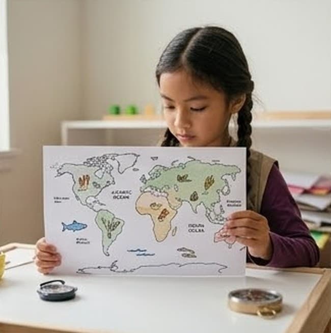 食材が描かれた世界地図を見ながら、献立を考えている女の子