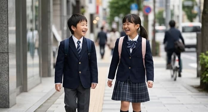 制服姿でリュックを背負い、笑顔で並んで歩いて登校する子どもたち