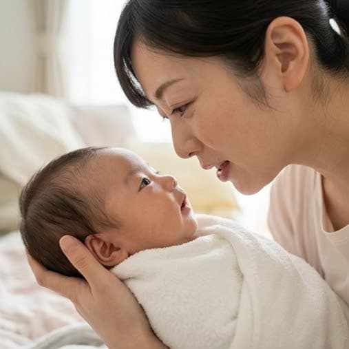 赤ちゃんに顔を近づけて、やさしく語りかけるお母さん
