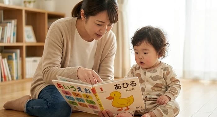 お母さんのひざの近くで、あひるの絵本を一緒に見ている赤ちゃん