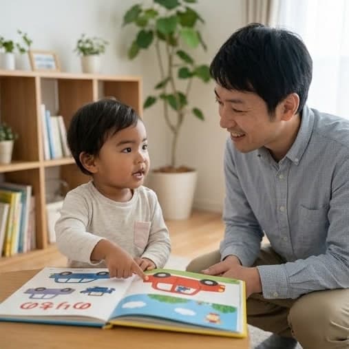 乗り物の絵本を指さして、お父さんに話しかけている子ども