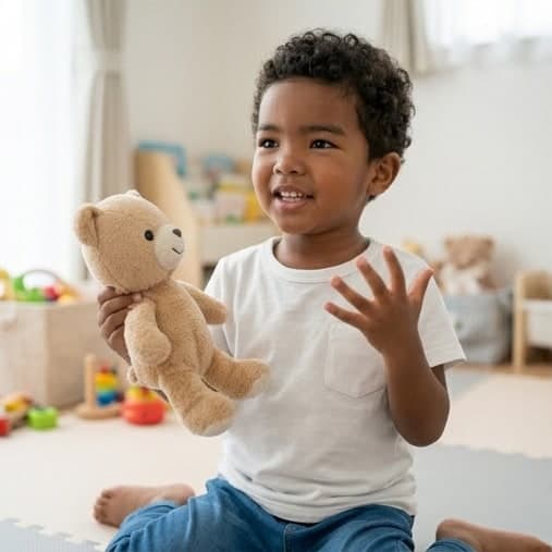 くまのぬいぐるみを手に、身ぶりを交えてお話ししている子ども