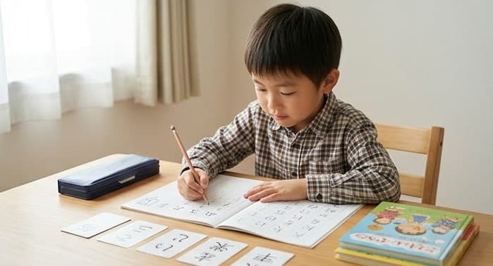 ひらがなのカードを机に並べ、ドリルに鉛筆で文字を書いている男の子