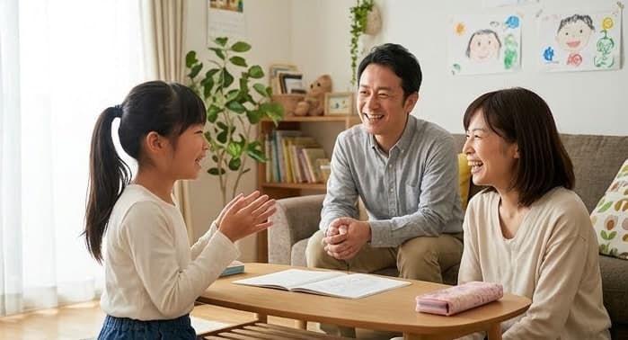 リビングで、両親に身ぶりを交えて楽しそうに話をしている女の子
