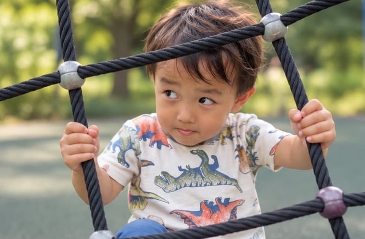 公園の遊具のロープに登って、挑戦している男の子