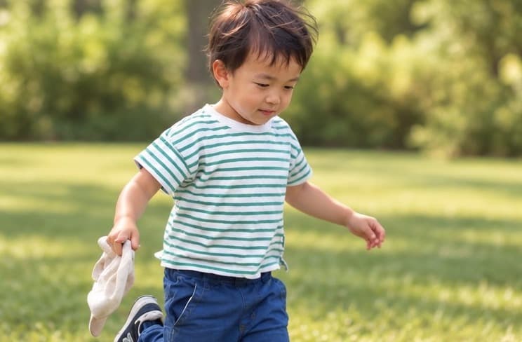 芝生の上を、タオルを持って走っている男の子