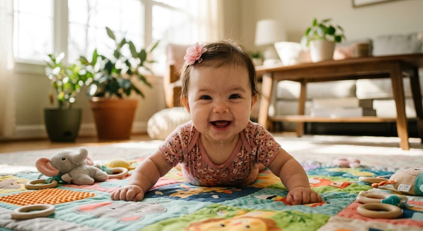 プレイマットの上でうつぶせになり、腕で上体を支えて笑っている赤ちゃん
