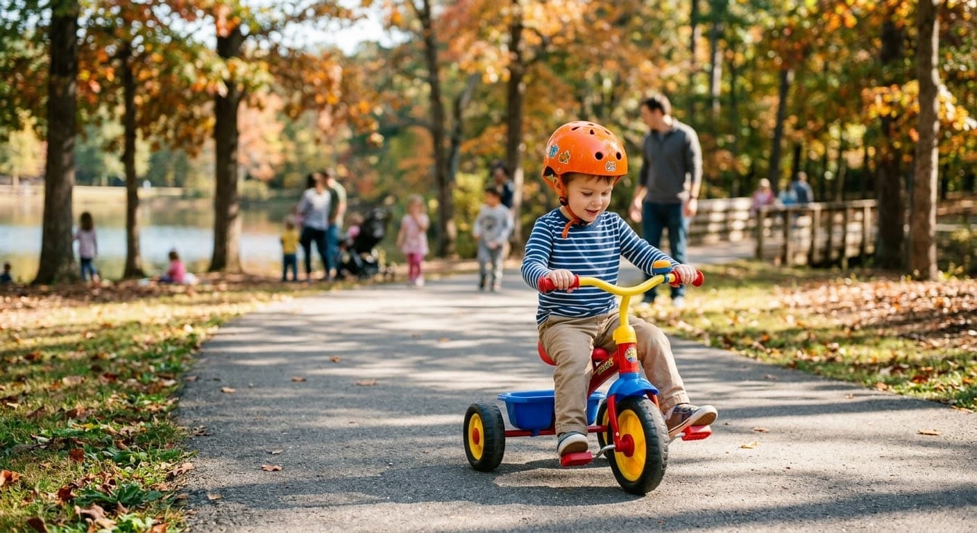 ヘルメットをかぶり、公園の道で三輪車に乗っている男の子