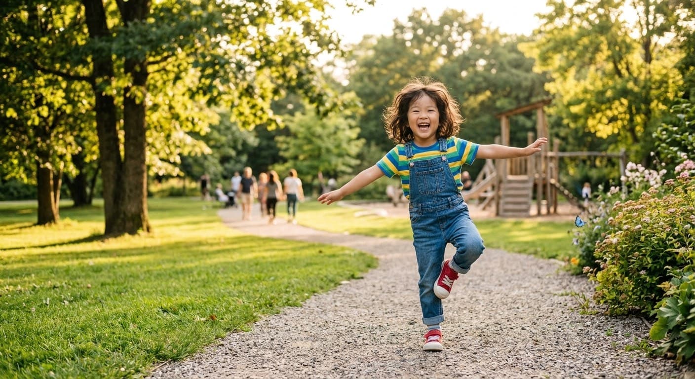 公園の小道で、両腕を広げて片足でケンケンをして笑っている子ども