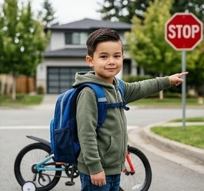 リュックを背負い、自転車を押しながら道路で前方を指さしている男の子