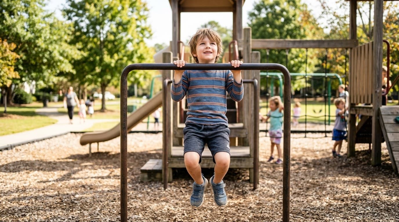 公園の鉄棒に両手でぶら下がり、笑顔で上を見上げる男の子