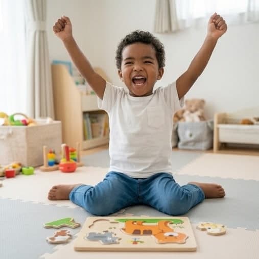 パズルを完成させて、両手を上げて「できた！」と喜ぶ子ども