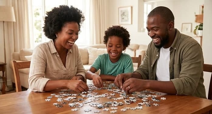 リビングのテーブルで、両親と一緒にジグソーパズルを楽しむ子ども