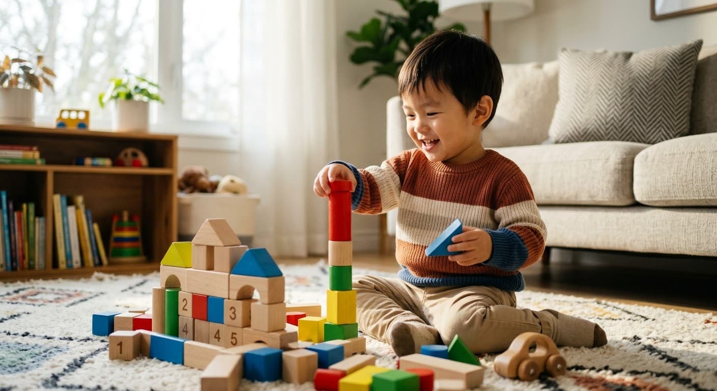 積み木を高く積み上げて、笑顔で遊ぶ男の子