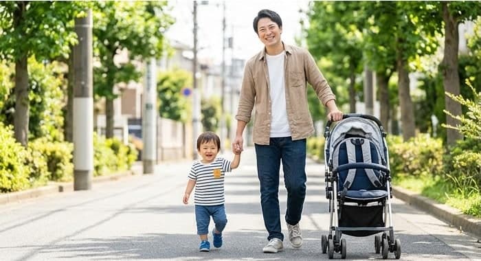 ベビーカーを押しながら、幼い子どもと手をつないで街路樹の道を歩くお父さん