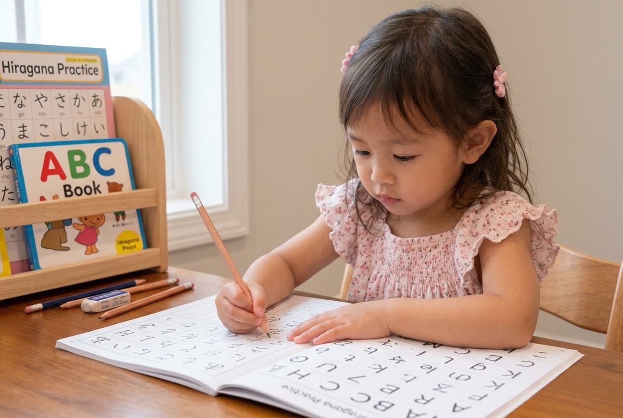 ひらがなの練習帳に鉛筆で文字を書いている女の子