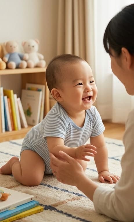 お母さんと向かい合って、はいはいの姿勢で笑っている赤ちゃん