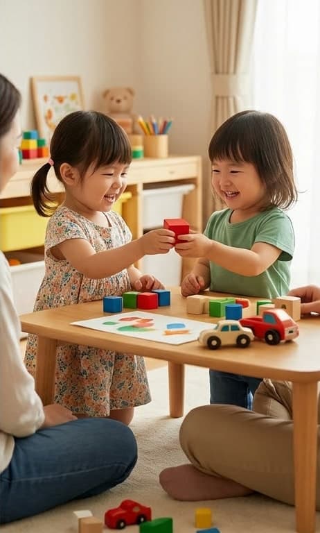 テーブルをはさんで、赤い積み木を笑顔でやりとりしている2人の子ども