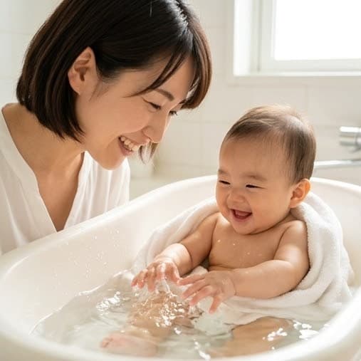 お風呂で、お母さんに見守られながら水に触れて笑う赤ちゃん