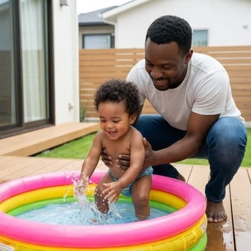 庭のビニールプールで、お父さんに支えられて水をぱしゃぱしゃして遊ぶ1歳くらいの子ども