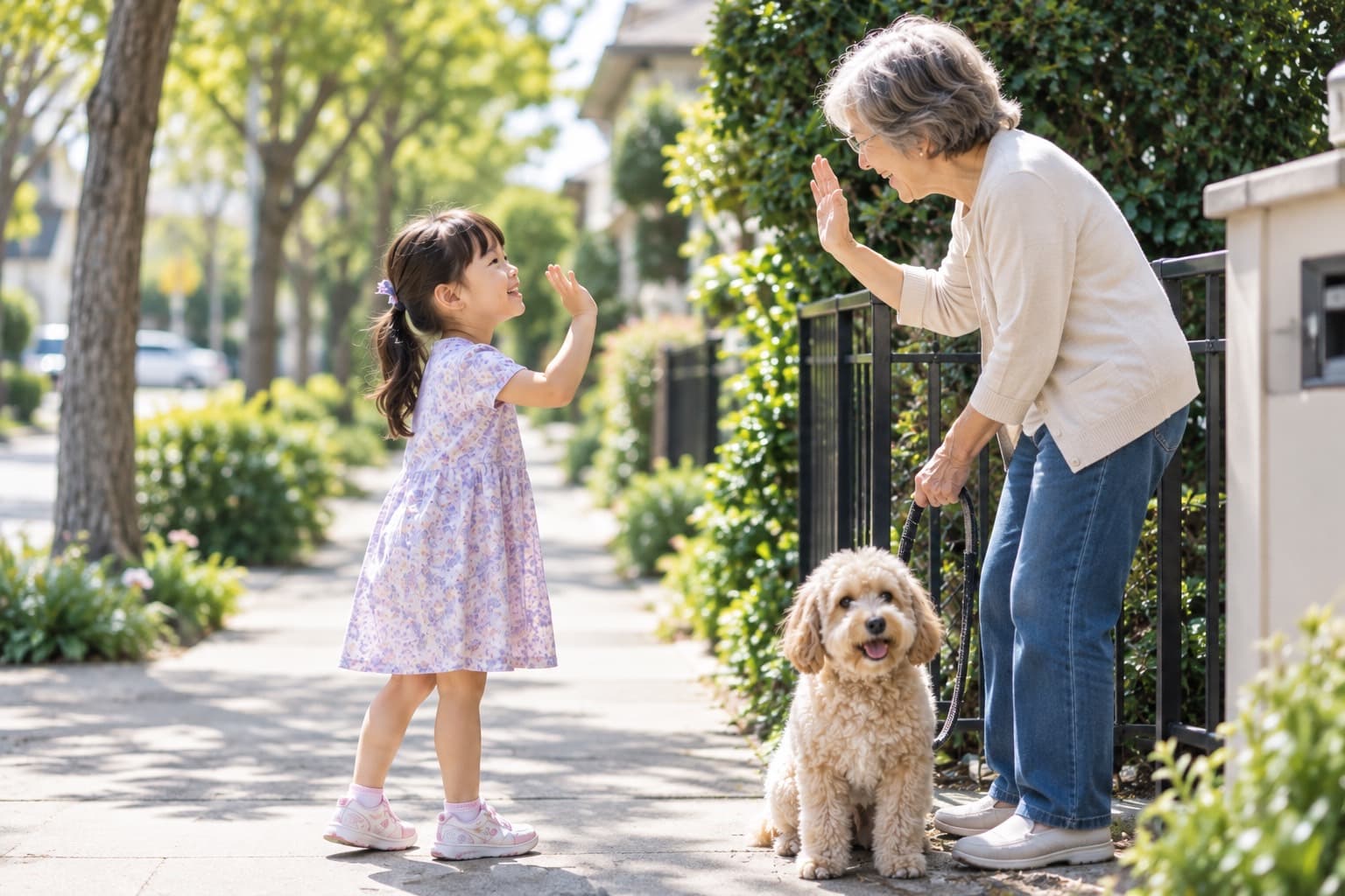 散歩中の犬を連れたおばあさんと、笑顔でハイタッチのあいさつをしている女の子