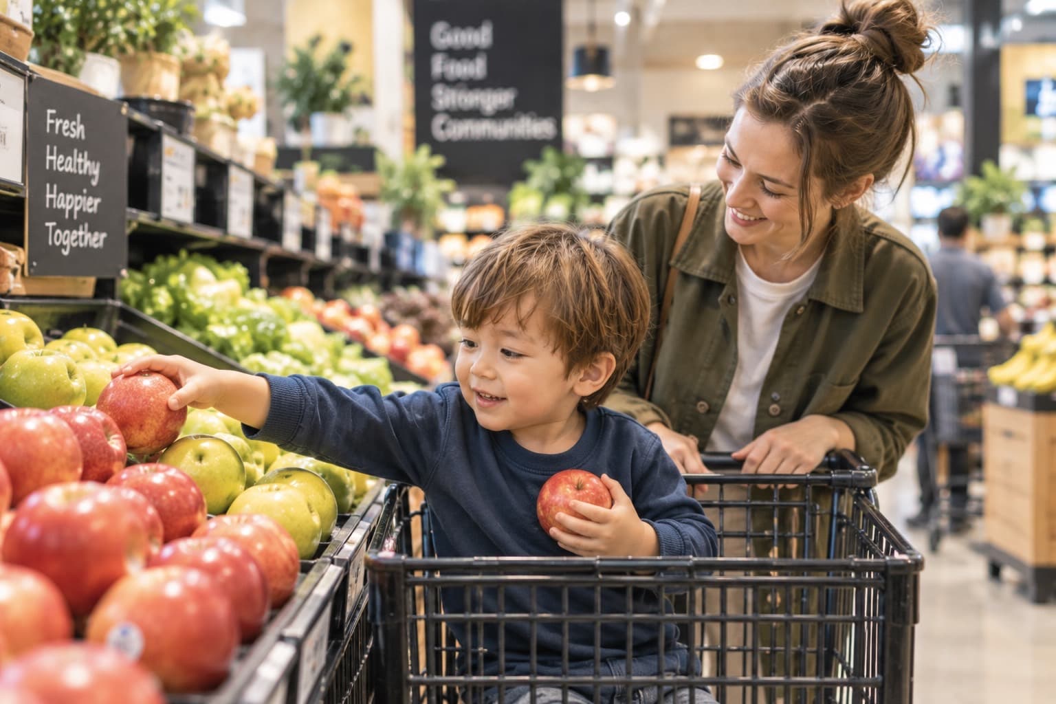 スーパーのカートに乗って、お母さんと一緒にりんごを選んでいる男の子