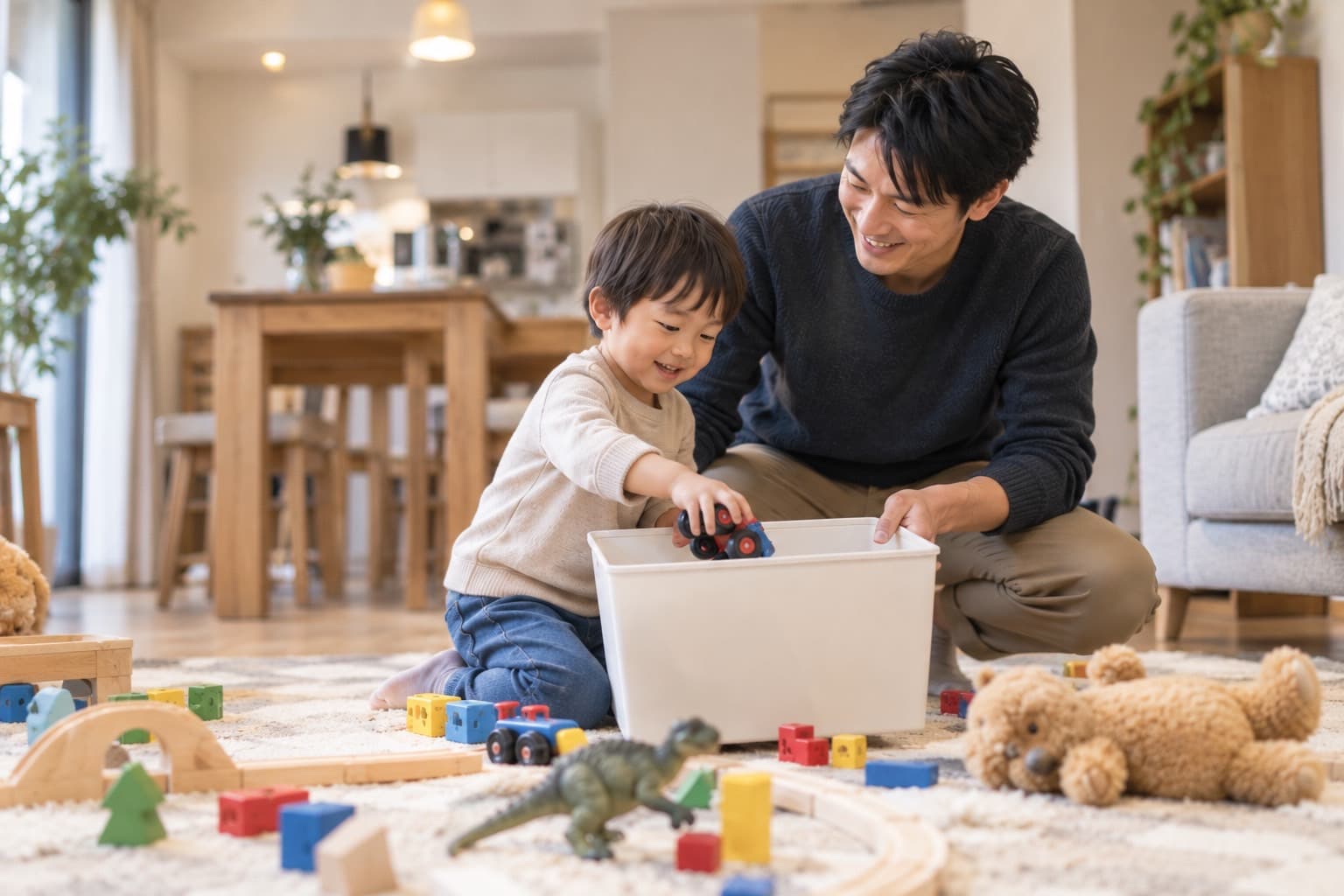リビングで、お父さんと一緒におもちゃを箱に片づけている男の子