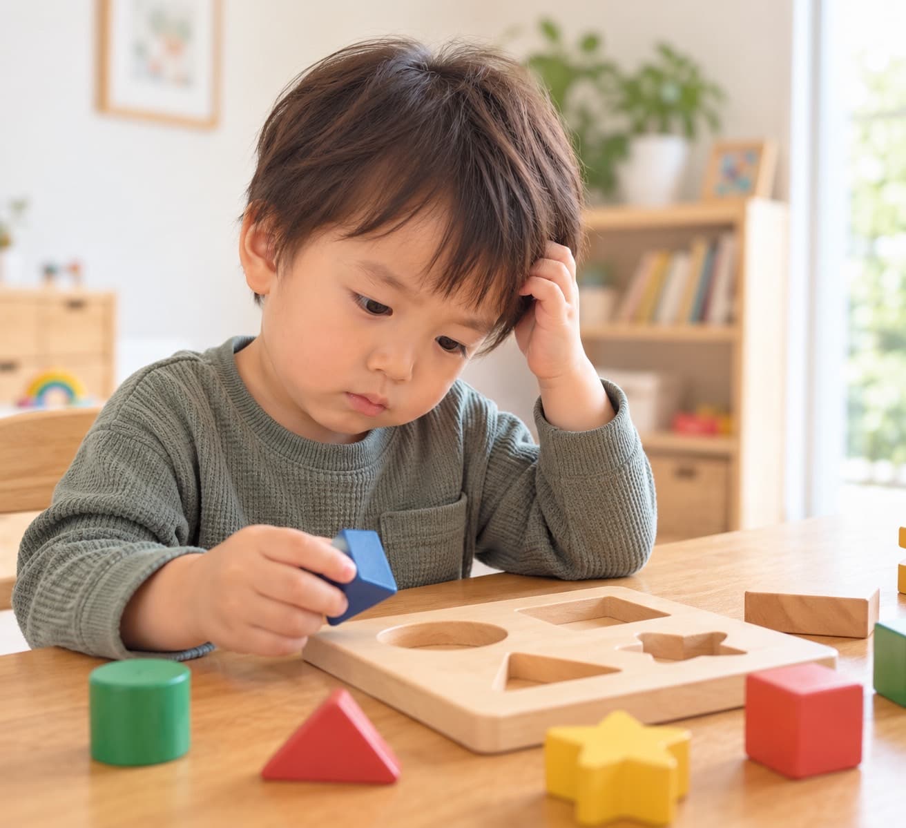 木のパズルの前で、考えながら、青いブロックを手に取っている男の子