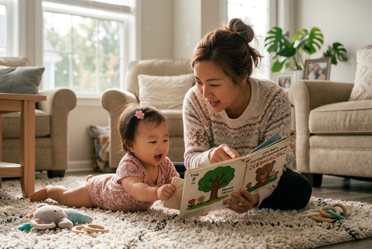 床に座って、英語と日本語の絵本を見せながら赤ちゃんに語りかけるお母さん
