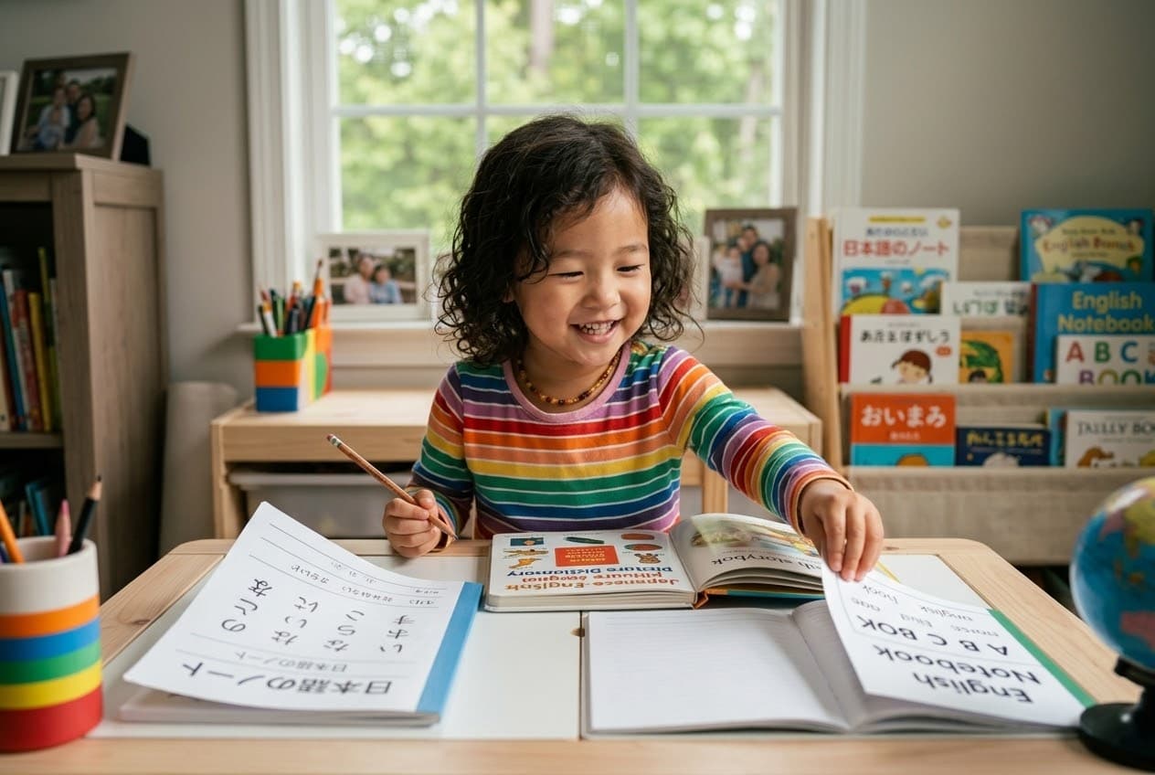 机の上の日本語のノートと英語のノートを前に、鉛筆を持って笑顔の女の子