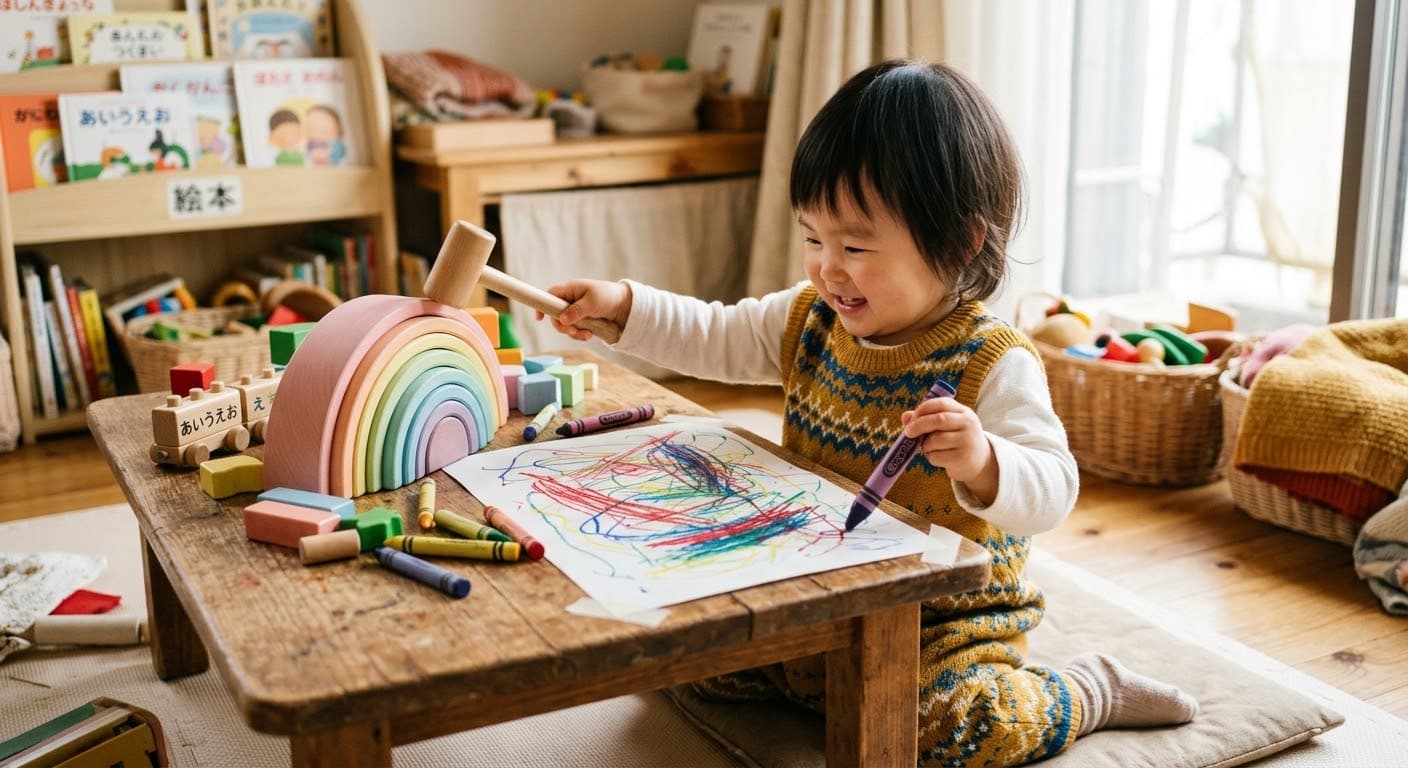 テーブルの上の大きな紙に、クレヨンでなぐり描きをして笑う子ども