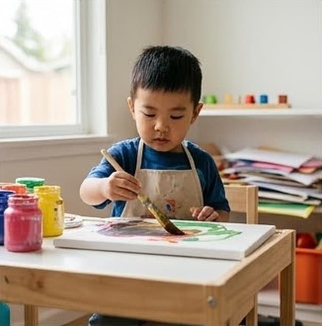 絵の具を使って、夢中で絵を描く子ども